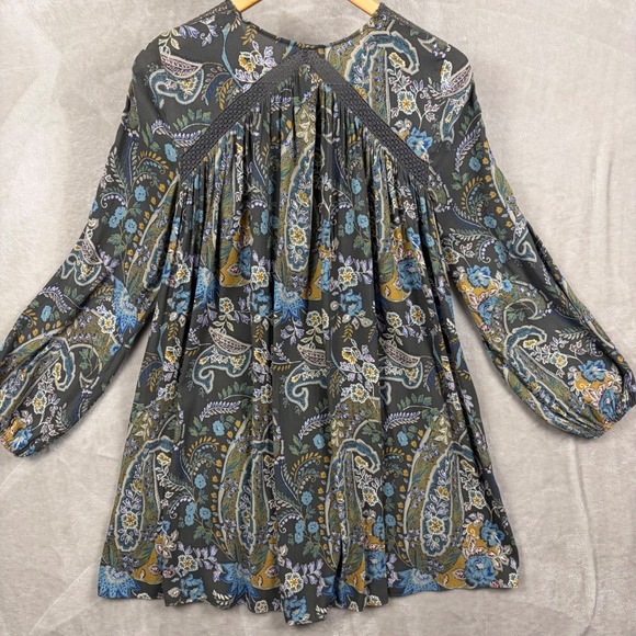 Free People Mini Dress Sz S Paisley Lace Up Long Sleeve Boho Floral Green Blue - Picture 3 of 10